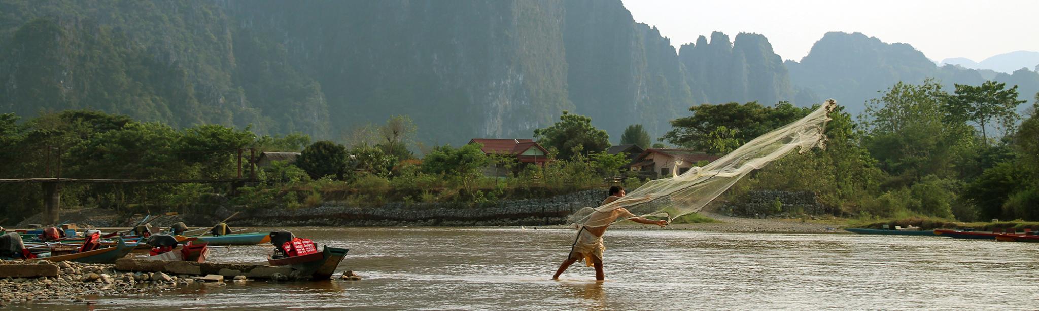 Laos River Fisherman - Namsong River