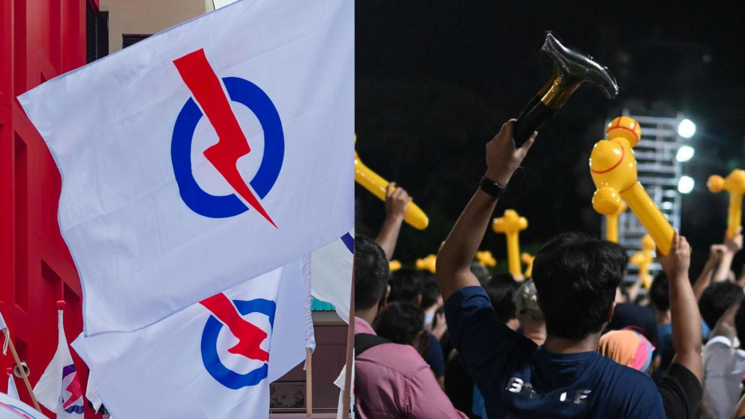 People's Action Party (PAP) flags from Adobe Stock; Workers' Party rally by Ja Ian Chong.